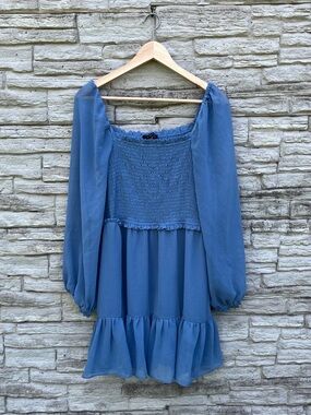 1. State Blue Puff Sleeve Smocked Mini Dress XL Boho Cottagecore Tiered Ruffle